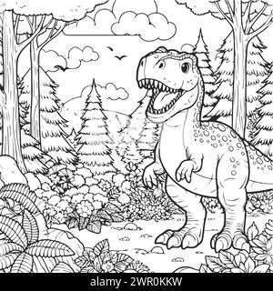 Zeichnen Sie einen Dinosaurier mit einem Dschungel und Bäumen Hintergrund. Schwarz-weiß-Version für Kinder Stock Vektor
