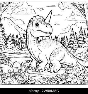 Färbung zeichnen Dinosaurier mit Berg- und Dschungelhintergrund und fröhlicher Schwarz-weiß-Version für Kinder Stock Vektor