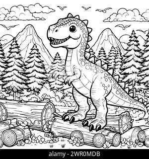 Färbung zeichnen Dinosaurier mit Berg- und Holzhintergrund. Schwarz-weiß-Version für Kinder Stock Vektor