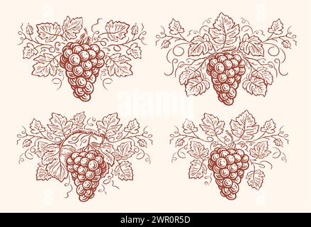 Trauben mit Blättern gesetzt. Weinrebe Vintage Gravur. Wein, Weinkellerei Konzept Vektor Illustration Stock Vektor