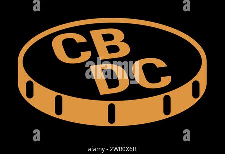 Digitale Münze der CBDC Central Bank auf dunklem Hintergrund, Abbildung eines Währungssymbols auf schwarz. Stockfoto
