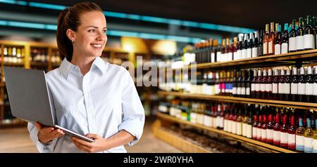 Die Verkäuferin des Supermarktes. Frau mit Laptop steht vor Weinflaschen auf Regalen und lächelt. Stockfoto