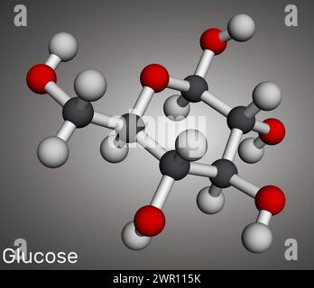 Glucose, Dextrose, D-Glucose-Molekül. Molekulares Modell. 3D-Rendering. Abbildung Stockfoto