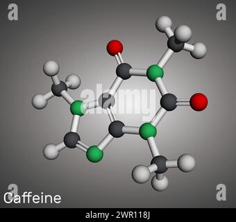 Coffeinmolekül. Molekulares Modell. 3D-Rendering. Abbildung Stockfoto