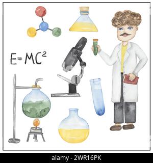 Aquarellwissenschaftler Clipart, handgezeichnete Illustration. Wissenschaftler arbeiten, Kinder Schulkarten ClipArt, lehrreiche, süße Kindergrafiken mit Professi Stockfoto