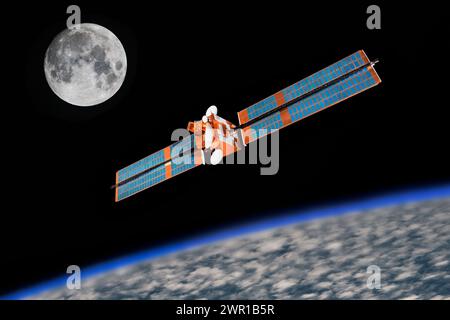 Modell des Satelliten Olympus Communications im Weltraum, der die Erde umkreist und die Wolken und den Hunter Moon darüber zeigt. Olymp wurde von der Europäischen Weltraumorganisation errichtet Stockfoto
