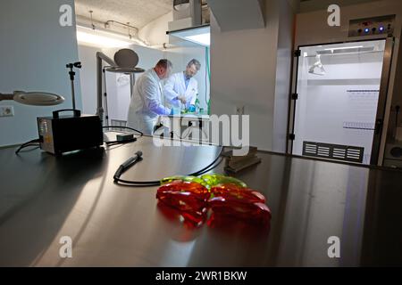 Aschersleben, Deutschland. März 2024. Chefsuperintendent Ronald Braune (l) und Chefdetektiv Michael Kammler arbeiten an der Polizeiakademie im forensischen Ausbildungszentrum, wo auch potentielle Kriminalpolizisten auf höheren Kompetenzstufen ausgebildet werden können. Quelle: Matthias Bein/dpa/Alamy Live News Stockfoto