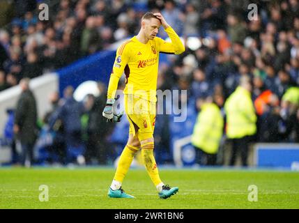 Matz Sels, Torhüter von Nottingham Forest, wurde nach dem Spiel der Premier League im American Express Stadium in Brighton niedergeschlagen. Bilddatum: Sonntag, 10. März 2024. Stockfoto