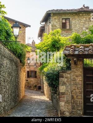 Das malerische Dorf Montefioralle, in der Nähe von Greve in Chianti, an einem sonnigen Sommertag. Provinz Florenz, Toskana, Italien. Stockfoto