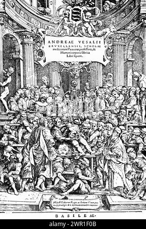 Frontispiece zu "de Humani Corporis Fabrica Libri Septem", 1543, von Andreas Vesalius (1514-1564). Vesalius' magnum opus stellt eine sorgfältige Untersuchung der Organe und der gesamten Struktur des menschlichen Körpers dar. Stockfoto