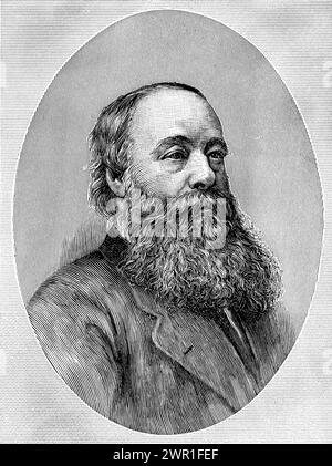 James Prescott Joule (1818-1889), 1884. James Prescott Joule, englischer Physiker, Mathematiker und Brauer. Joule untersuchte die Natur der Wärme und entdeckte ihre Beziehung zur mechanischen Arbeit. Dies führte zum Gesetz der Energieerhaltung, was wiederum zur Entwicklung des ersten Gesetzes der Thermodynamik führte. Die SI-abgeleitete Energieeinheit, das Joule, ist nach ihm benannt. Stockfoto