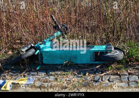 Elektroroller verlassen. Ein im Gras liegender Elektroroller. Stockfoto