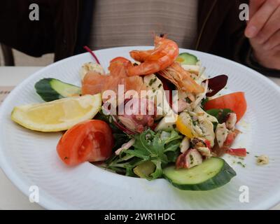 Ein Teller mit frischem Salat mit Meeresfrüchten, einschließlich Garnelen und Kraken, serviert in einem französischen Restaurant in Antibes für einen Touristen, der die Cote d'Azur besucht. Stockfoto