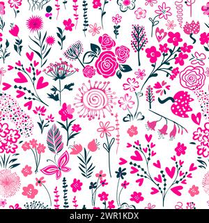 Nahtloses Muster rosafarbener kleiner Blumen. Handzeichnung. Nicht AI, Vektorillustration Stock Vektor