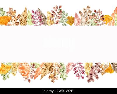 Horizontaler Rahmen aus bunten Herbstblättern. Rowan, Eiche, Aspen, Biloba. Gelbe, goldene, braune getrocknete Blätter. Aquarellabbildung Stockfoto