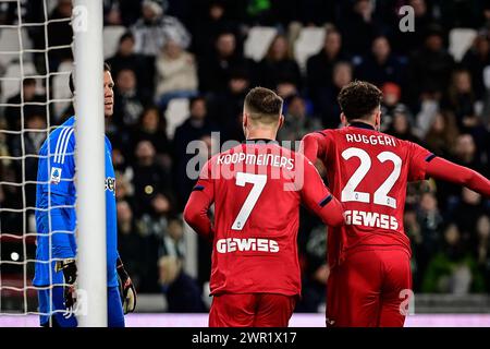 Torino, Italien. März 2024. Atalanta's Teun Koopmeiners feiert, nachdem er das Tor 1-0 für seine Mannschaft während des Fußballspiels der Serie A zwischen Juventus und Atalanta im Allianz-Stadion in Turin, Nordwesten Italiens, erzielte 2024. Sport - Fußball . (Foto: Marco Alpozzi/Lapresse) Credit: LaPresse/Alamy Live News Stockfoto