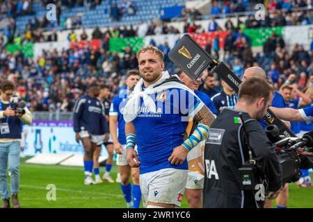 Six Nations Rugby: Italien gegen Schottland im Stadio Olimpico. Gianmarco Lucchesi aus Italien nach dem Spiel. Stockfoto