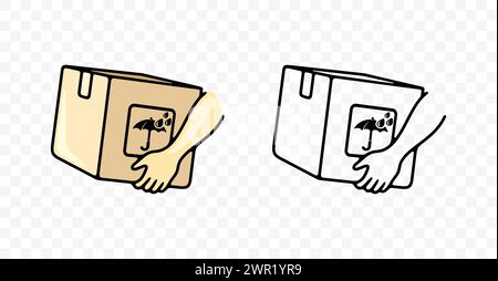 Hände halten, Zeichen oder Symbol auf der Box halten, von Feuchtigkeit oder Wasser fernhalten, grafisches Design. Paketzustellung, Zustelldienst, Kurier und Paket Stock Vektor