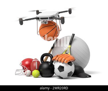 3D-Darstellung einer Kameradrohne, die Basketball in einen Stapel von Sportgeräten auf weißem Hintergrund bringt. Stockfoto