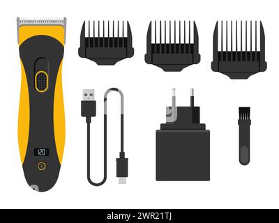 Haarschneider- und Bartschneider, isoliert auf weißem Hintergrund. Elektrische Friseurausrüstung, Haarschneider und austauschbare Düsen in einer Wohnung Stock Vektor