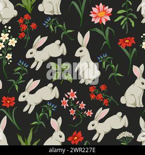 Nahtloses Muster mit süßen weißen Kaninchen und Blumen. Vektor. Stock Vektor