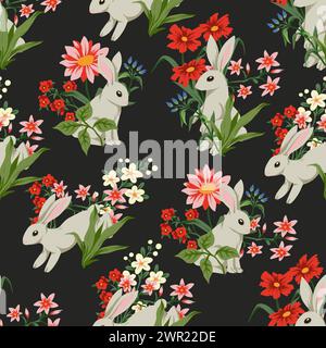 Nahtloses Muster mit süßen weißen Kaninchen und Blumen. Vektor. Stock Vektor