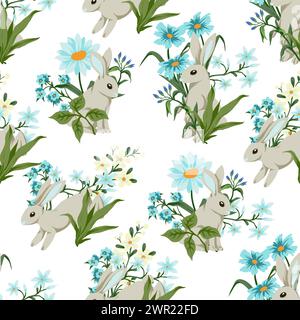 Nahtloses Muster mit süßen weißen Kaninchen und Blumen. Vektor. Stock Vektor