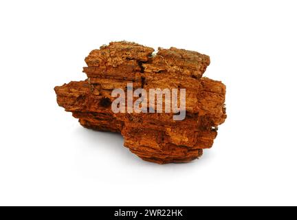 Dekorativer Teil aus rotem Holz isoliert auf weißem Hintergrund. Gerissenes trockenes rotes Holz als dekoratives Designelement. Stockfoto