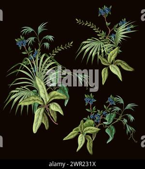 Exotische Bäume, Blätter und Blumen isoliert. Vektor. Stock Vektor