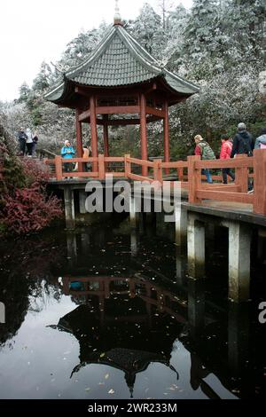 EMEISHAN, China, chinesische Touristen besuchen, Historisches Chinesisches Denkmal, Bauguo-Tempel, Touristenattraktion, Landschaftlich Reizvolle Winterlandschaft Stockfoto