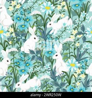 Nahtloses Muster mit süßen weißen Kaninchen und Blumen. Vektor. Stock Vektor