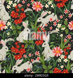 Nahtloses Muster mit süßen weißen Kaninchen und Blumen. Vektor. Stock Vektor
