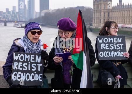 London, Großbritannien. März 2024. Frauen, die Schilder tragen, nehmen an einer Aktion zum Internationalen Frauentag Teil, die von Gruppen organisiert wird, darunter Eltern für Palästina, Eltern für das künftige Vereinigte Königreich, Familien der Extinction Rebellion und Globaler Frauenstreik, in Solidarität mit Frauen und gebärenden Menschen in Palästina. Die Aktion umfasste eine Zusammenkunft vor dem Mary Seacole Memorial im St. Thomas' Hospital, eine Zusammenlegung der Hände über die Westminster Bridge und die Verlegung von Blumen auf einer riesigen schwangeren Mutter-Sonnenvogel-Marionette auf dem Parliament Square. Quelle: Mark Kerrison/Alamy Live News Stockfoto