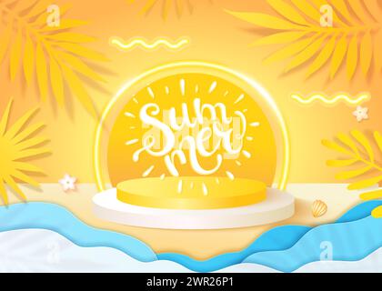 Sommer, Schriftzug auf dem 3D-Podium mit Neonbeleuchtung Stock Vektor