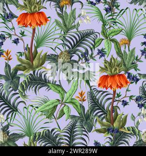 Nahtloses Muster mit tropischen Blumen, Blättern und Knospen. Vektor. Stock Vektor