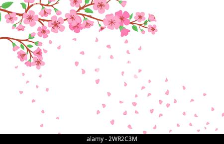 Blühender Sakurazweig Hintergrund. Fallende rosafarbene Blüten von Pfirsich oder Kirschblüten. Japanisches Symbol, orientalisches Frühlingsfest neoterische Vektorplakat Stock Vektor