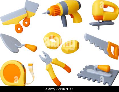 3D-Werkzeuge für Rekonstruktion und Reparatur. Baumaschinen isolierten realistische Elemente. Maßband, Kelle und Handsäge. Zange und Schraubenschlüssel Stock Vektor