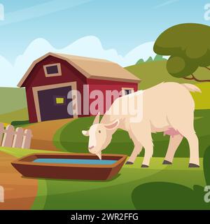 Ziegenfarm Cartoon Hintergrund mit Ziegenfutter auf dem Bauernhof Stock Vektor