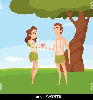 Adam und Eve. Zeichentrickhintergrund mit authentischen christlichen heiligen Bibelfiguren Stock Vektor