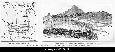 Gravur der in Abessinien besiegten italienischen Truppen um 1896. Die Schlacht von Adwa war die Höhepunkt des Ersten Italo-Äthiopischen Krieges. Die äthiopischen Truppen besiegten am Sonntag, den 1. März 1896, in der Nähe der Stadt Adwa, die italienischen Pläne, das Land zu beherrschen, zu Ende. Stockfoto