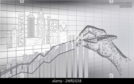 Web Low Poly Smart City 3D-Wachstumsdiagramm. Geschäftskonzept für intelligentes Gebäudeautomatisierungssystem. Hand mit Stiftspitze. Architektur urbanes Stadtbild Stock Vektor