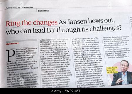 „Wenn sich „Philip“ Jansen beugt, wer kann BT durch seine Herausforderungen führen?“ Guardian Newspaper Headline British Telecom CEO 11 Juli 2023 Stockfoto