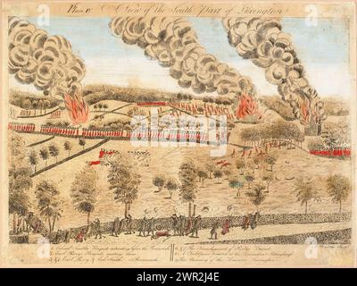 Vintage Historical American Prints: A View of the South Part of Lexington. Amos Doolittle, 1775, schildert die Schlacht von Lexington – das Ereignis, das den Beginn des Amerikanischen Unabhängigkeitskrieges markierte Stockfoto