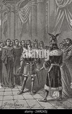 Iberische Halbinsel. Konferenzen in Vitoria 1476. Die Könige Johann II. Von Aragonien (1398–1479) und Ferdinand V. von Kastilien (1452–1516) nahmen Teil. Doña Leonor (1426–1479), der spätere Eleonor I. von Navarra, nahm an ihnen Teil, um die französische Eindringung Navarras zu verhindern. Stich von Serra Pausas. „Glorias Españolas“ (Glorias von Spanien). Band II Veröffentlicht in Barcelona, 1890. Autor: Joan Serra Pausas (aktiv 1861-1902). Stockfoto