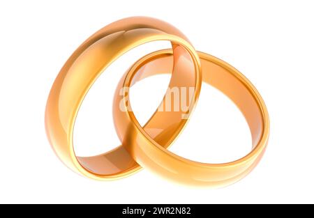 Goldene Eheringe für sie und ihn, passendes Set, 3D-Rendering isoliert auf weißem Hintergrund Stockfoto