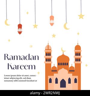 Ramadan Kareem-Grußkarte, Banner-Vorlage für islamische Religion mit Moschee-Kuppel, hängenden Sternen, Mond und Laterne Stock Vektor