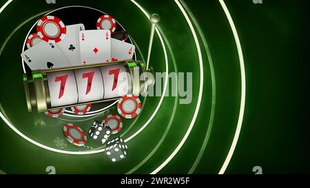 Online-Casino-Spiele, 3D-Grafik-Spielkonzept. Spielautomat, Spielkarten, Spielmarken, Poker-Chips, Würfel, in einer Hintergrundvorlage für die Wetten-Illustration Stockfoto