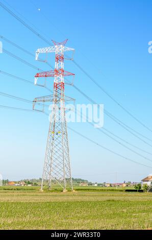 Hoher Elektrizitätspylon auf einem bebauten Feld an einem klaren Frühlingstag. Bauernhäuser und Haus sind im Hintergrund sichtbar. Stockfoto