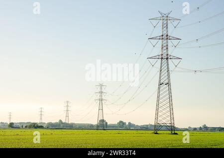 Hochspannungsleitungen, gestützt von hohen Stahlmasten in einer ländlichen Landschaft bei Sonnenuntergang im Frühling Stockfoto