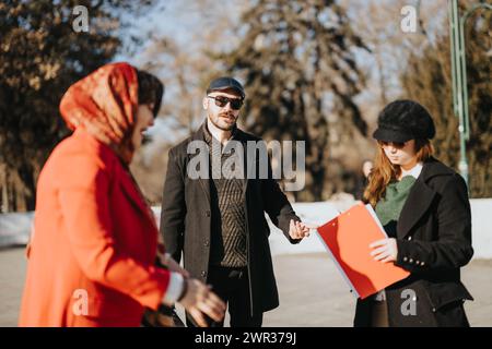 Eine begeisterte Gruppe multikultureller Unternehmer diskutiert Projekte im Freien an einem sonnigen Wintertag und tauscht Ideen und Strategien mit Leidenschaft aus. Stockfoto